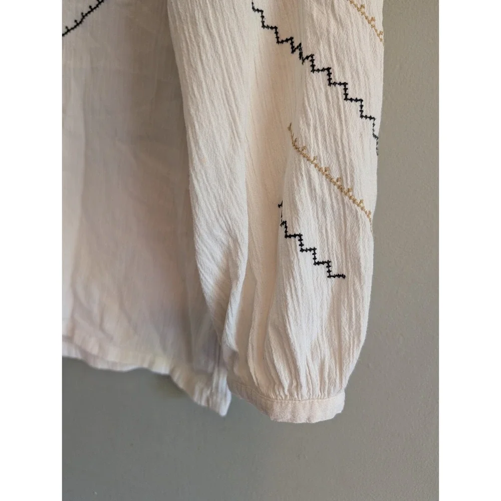Madewell Peasant Top 100% Cotton Cream Embroidered Puff Sleeve Notch Neck Boho